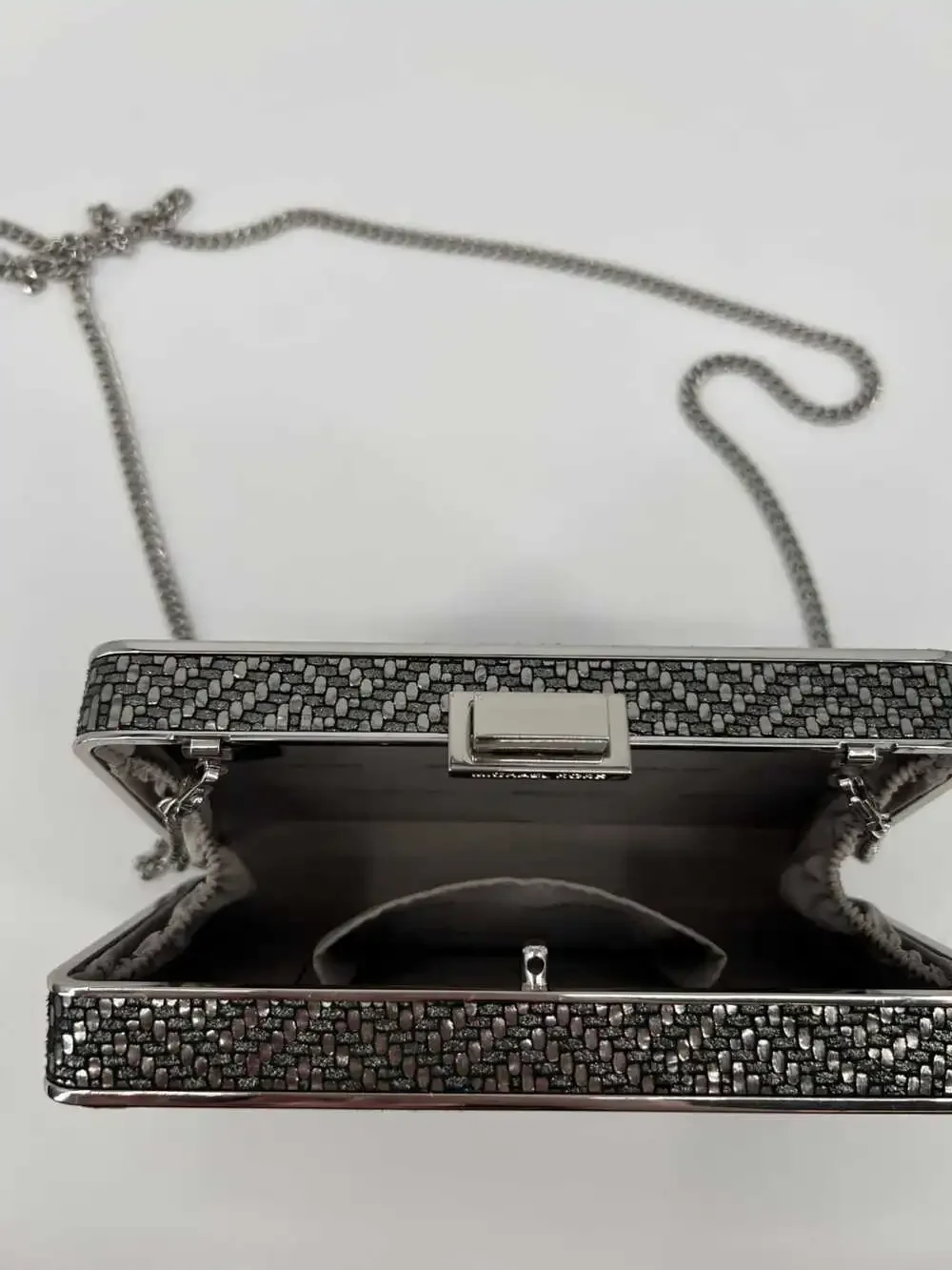 Michael Kors Metallic Silver Clutch | Textured Textile, Chain Strap, OS
